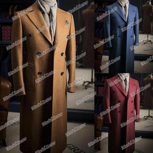 Winter Tweed Wool Thick Formal Mens Suits Jackets 2022 Navy Blue/Grey Double Breasted Overcoat Long Coat Blazer MasculinoTuxedos