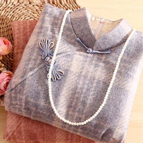 High-end Winter Chinese Style Grid Qipao Dress Women Slim Vintage Warm Wool Cheongsam Dress S-XXL