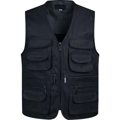 Big Size Cotton Fabric Multi Pockets Fishing Vest Men V-Neck Tactical Photography Waistcoat Solid Inner Pocket Sleeveless Jacket
