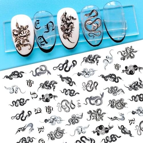 1 Sheet Dragon Snake Stickers Nail 3D Black Gothic Style Self Adhesive Slider Leaves Flowers Nails Art Decoration Decals Wraps