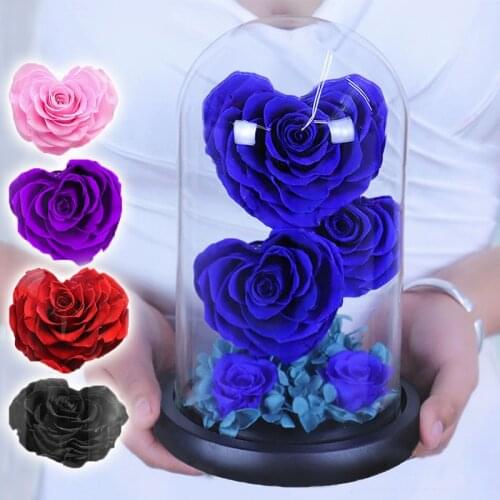 3 Heads Heart-shaped Preserved Rose In Glass Dome Beauty and The Beast Eternal Flower Wedding Home Decor Valentine Mothers Gifts