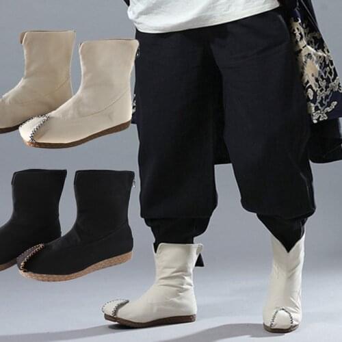 Chinese style national ancient Shoes style Plush flat bottom canvas middle tube Boots Men women short boots Ethnic casual Boots