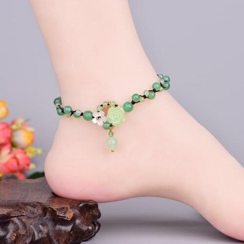 Ethnic Style Hand-woven Anklet Foot Chain Retro Temperamental Chalcedony Coloured Glaze Foot Rope Sexy Jewelry