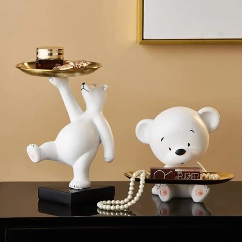Bear Key Storage Ornaments Figurine with Tray For Candy Keys Storage Resin Statue Home Living Room Decoration Decorative Figures