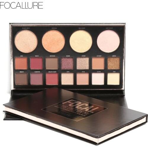 FOCALLURE New Highly Pigmented Glitter Eye Shadow Flash Shimmer Eyeshadow with Bush Highlighter Palette Face Makeup Tools