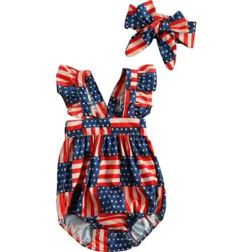 OPPERIAYA Baby Girls Summer Casual Fly Sleeve Bodysuit Backless Cute Independence Day Print Bandage Jumpsuits Bow Headband