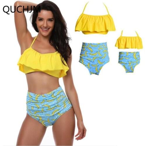 Family Matching 2019 Mother and Baby Girls yellow bananas Cute Bandage Bikini Set Swimwear Two-Piece Swimsuit Beachwear Bathing