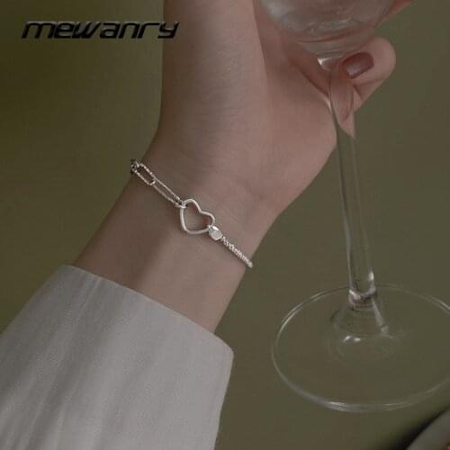 MEWANRY 925 Sterling Silver Bracelets Girl Accessories Trendy Elegant Sparkling Splicing Chain Hollow LOVE Heart Bride Jewelry