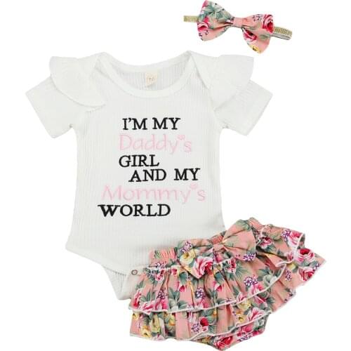 OPPERIAYA Baby Girls 3Pcs Summer Outfits Short Sleeve Letter Embroidery Bodysuit Floral Ruffle Shorts Bow Headband Casual Set