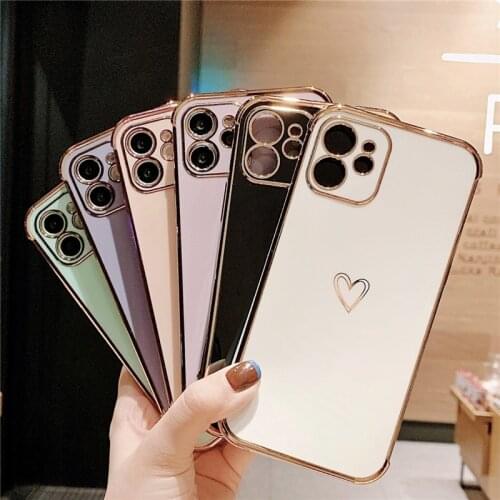 Electroplated Frame Love Heart Phone Case For iphone 8 7 Plus 12 Mini 11 Pro XS Max XR X SE 2020 Silicone Solid Color Back Cover