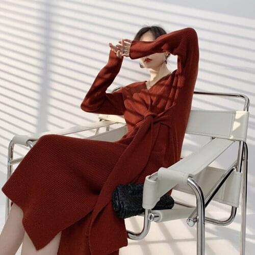 Original Design 2021 New Sexy V Kneck Cardigan Knitted Dress Casual Solid Color Knitwear Elegant Long dress