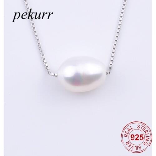 Pekurr 925 Sterling Silver Big Natural Freshwater Necklaces For Women 9.5mm Pearl Pendants Long Box Chains Jewelry Gifts
