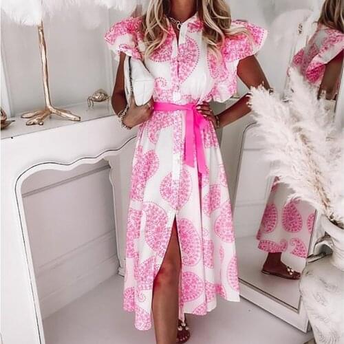 Summer Women Butterfly Sleeve Midi Dress Fashion Print Turn-down Collar Lace Up Woman Dresses Single Breasted Slit Shirt Dress