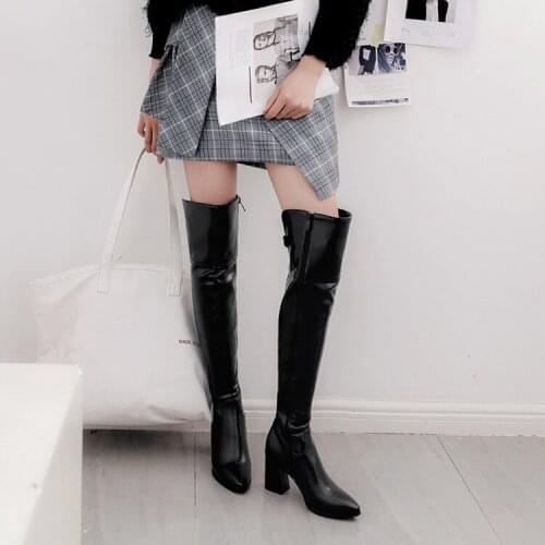 PXELENA Fashion Thigh High Boots Ladies Shoes Square High Heels Over The Knee Boots Women Side Zipper Date Black White 34-43