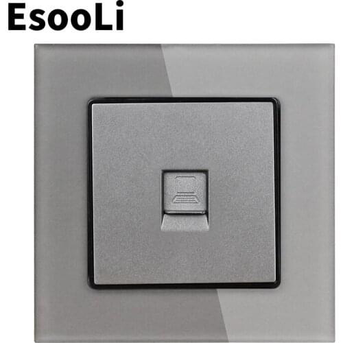 EsooLi Grey Crystal Glass Panel 1 Gang RJ45 Internet Jack CAT6 Connector Computer Outlet Wall Data Socket