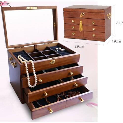 2021 New 4Layer Solid Wood Jewelry Box With Lock Retro Flannel Wooden Storage Box Earring Gift Box