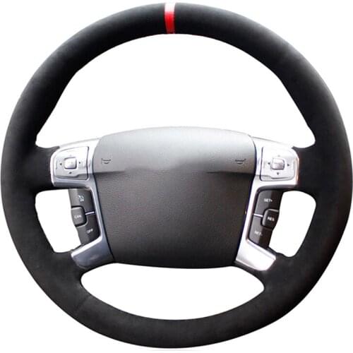 Hand-stitched Black Suede Red Marker Car Steering Wheel Cover for Ford Mondeo Galaxy S-Max 2006 2007 2008 2009 2010 2013-2015