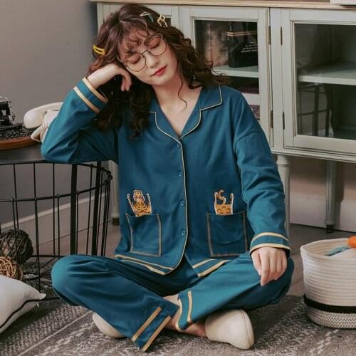 Spring and Autumn Long Sleeve Long Pants Cotton Large Lapel Loose Lapel Spring and Autumn Cotton Pajamas Two-Piece Set