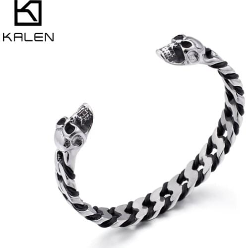 Kalen High Quality Stainless Steel Leather Staggered Mens Vintage Bracelet Punk Style Bangles