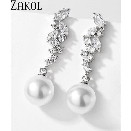 ZAKOL Korean Fashion Cute Cubic Zirconia Pearl Dangle Earrings for Women Luxury Engagement Wedding Party Jewelry Gifts EP5125