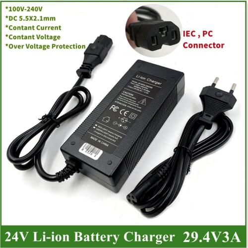 29.4V3A Battery Charger for 24V Electric Bike Lithium Li-ion Battery for 7Series Lithium Battery Pack PC connector IEC connector