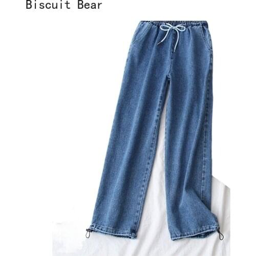 Blue solid Women High Waist Jeans Simple pockets Ladies Casual Denim straight Pants 2021 Spring Korean Female Basic Trousers
