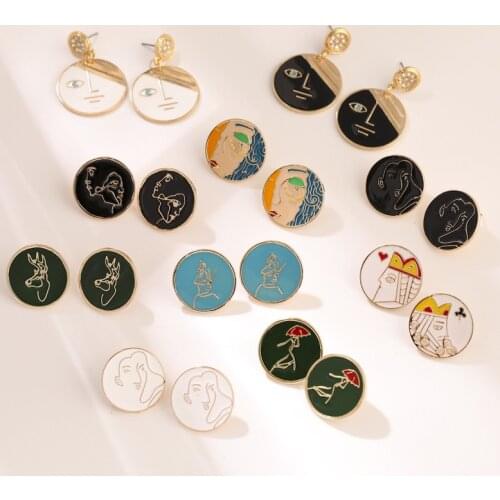 Minar Multiple Round Head Portrait Stud Earrings for Women Mujer Colorful Enamel Face Flower Statement Earrings Pendientes 2021