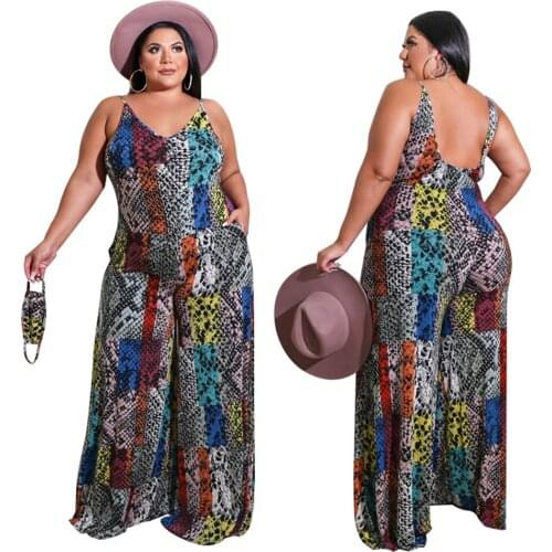 5xl Plus Size Women Clothing New Style Sexy Serpentine V Collar Sling Print Cool Elegant Summer Jumpsuit Wholesale Dropshipping