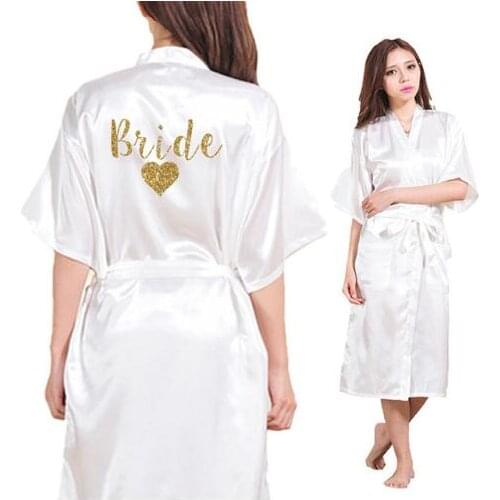 Bride Heart Team Bride Heart Golden Glitter Print Kimono Robe Faux Silk Women Bachelorette Wedding Preparewea RobesFree Shipping