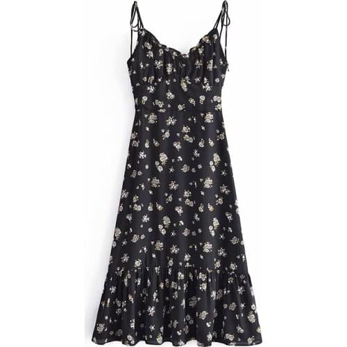 New Women Vogue Floral Printed Backless Midi Dress V-Neck Thin Straps Vintage Female Dresses Woman Robe femme