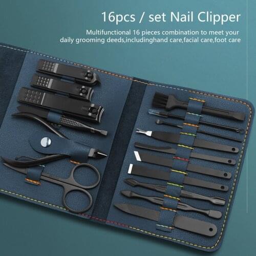 16PCS Manicure Pedicure Set Professional Stainless Steel Nail Clipper Grooming Kit with PU Case for Foot Hand Facial Care
