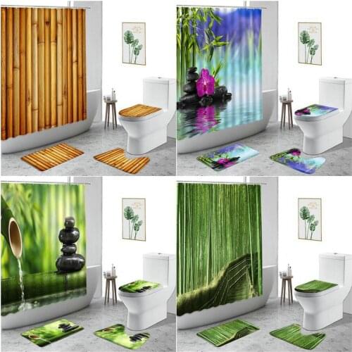 3D Bamboo Shower Curtain Zen Round Stone Flowers Plants Spa Bathroom 4-Piece Non-Slip Carpet Toilet Cover Bath Curtains Door Mat