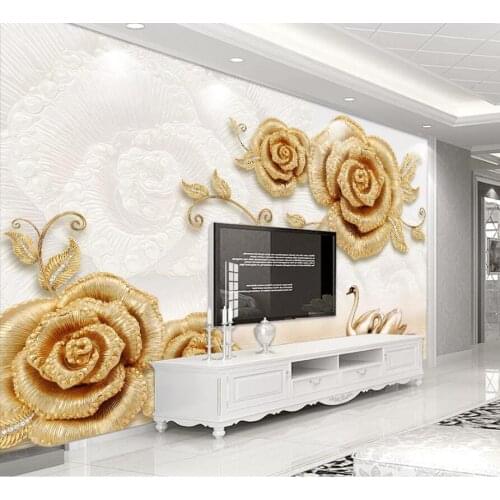 Bacal wallpaper 3D stereo photo mural exquisite European golden rose luxury flower pearl light TV background wall papers decor