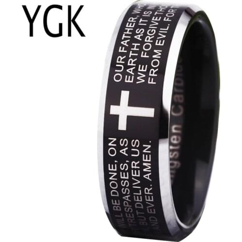 Free Shipping Wholesales Cheap Price Jewelry USA Hot Sales 8mm Mens Tungsten Ring Comfort Fit Cross Bible Lords Prayer Wedding