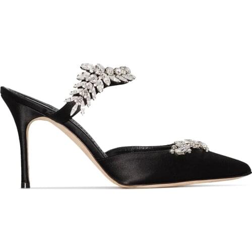 Black Satin Crystal Embellished Mules Shoes 90mm Fashion