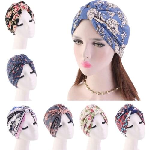 Indian Turban Muslim Women Floral Printed Hat Cancer Chemo Cap Islamic Hair Loss Cover Beanie Bonnet Head Scarf Pleated Caps Hat