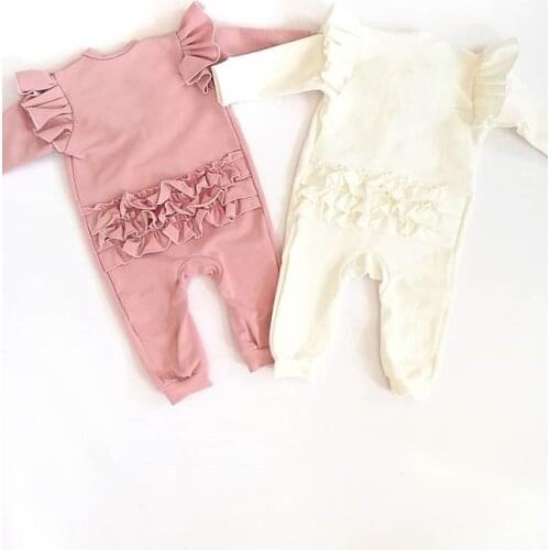 Autumn Winter Infant Kids Baby Girls Rompers Ruffles Solid Button Long Sleeve Jumpsuits Clothes 2 Colors 0-18M