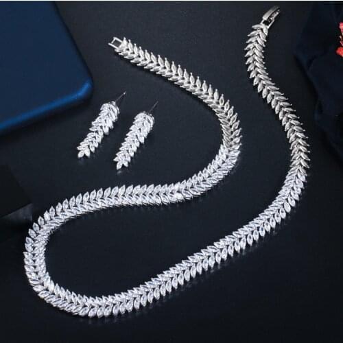 CWWZircons Exquisite Cubic Zirconia Wedding Party Jewelry Set Leaves Shape High Quality CZ Bridal Necklace Earring T075