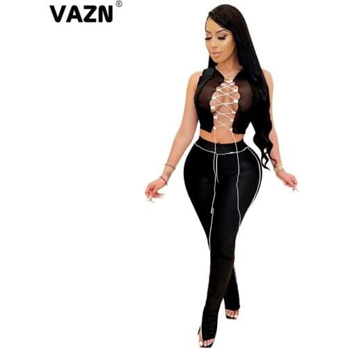 VAZN Hot Elegant 2020 O-neck Sleeveless Full Pant Hole Out 2 Piece Set Tracksuit Casual Solid Sport Female Street Wind Sets