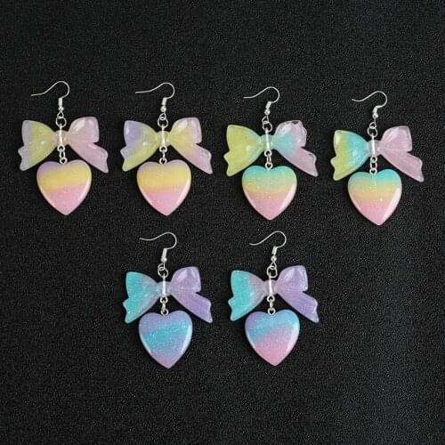 1pair Cute Heart Drop Earrings Resin Gradient Bow Heart Earrings for women Birthday Gifts Jewelry