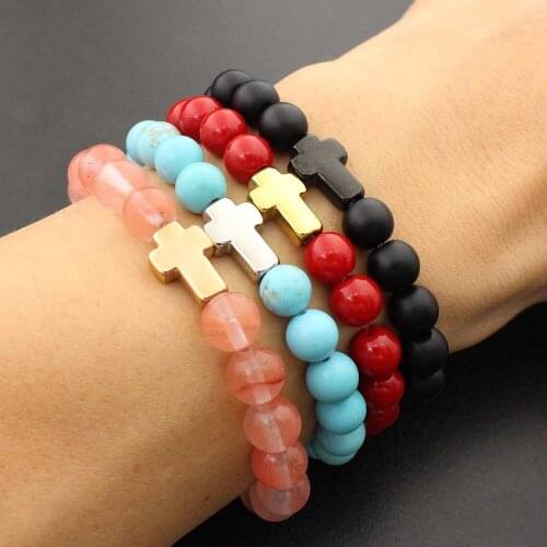 Never Fade 8mm Natural Stone Mens Beaded Bracelet for women 316l Stainless Steel Cross Elastic Bracelets Male Jewelry Gift