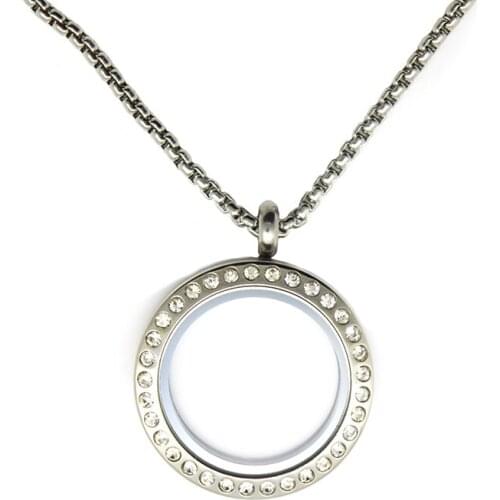 Newest 30mm round magnet crystal 316 stainless steel Memory living glass locket glass locket floating charms with Snake Chain