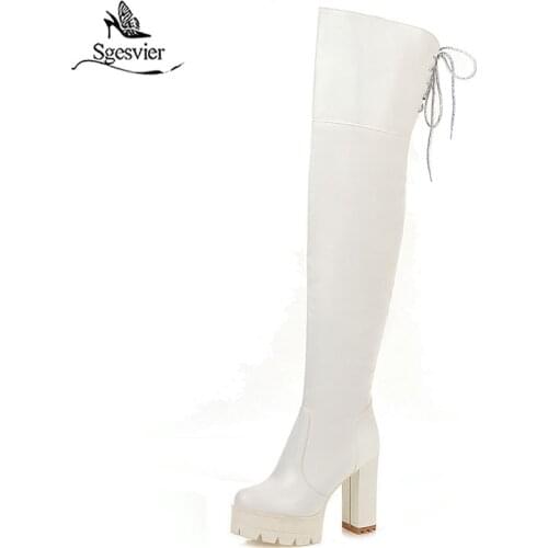 Sgesvier new arrival round toe short plush autumn winter thigh high boots lace up fashion thick high heels boots prom shoes G751