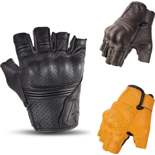 Perforated Breathable Leather Fingerless Motorcycle Gloves Retro Brown Half Finger Motocross Glove Outdoor Sports Tactical Glove