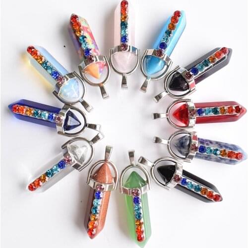 Natural stone Quartz crystal Opal mix pillar charms 7chakra Necklace Pendant for women Fashion Jewelry 12pcs wholesale
