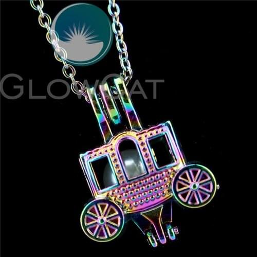 R-C878 Rainbow Pumpkin Car Beads Cage Pendant Perfume Diffuser Oyster Pearl Cage Locket Necklace