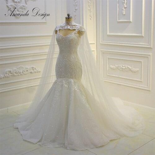 Amanda Design Spaghetti Straps Pearls Lace Applique Mermaid Wedding Dress with Wraps