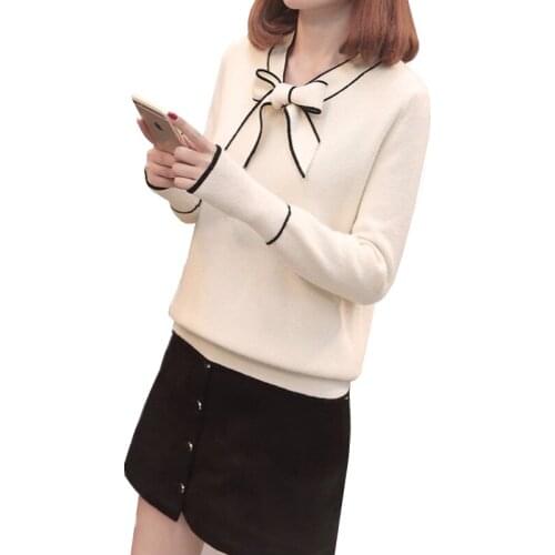 Autumn Fashion New Sweater Women Winter Tops Korean Long Sleeves Loose Bow Knitted Sweater Pullover Female Sweater Outwear Q1150
