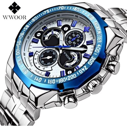 WWOOR Luxury Top Brand Men Japan Quartz Watch Stainless Steel Sports Military Waterproof Watches Calendar Clocks For Male Gifts