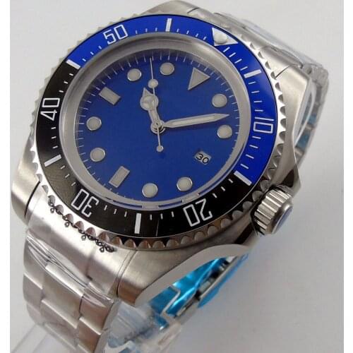 Japan MIYOTA Automatic Male Wristwatch Ceramic Bezel Insert Date 44mm Blue Sterile Dial Deployment